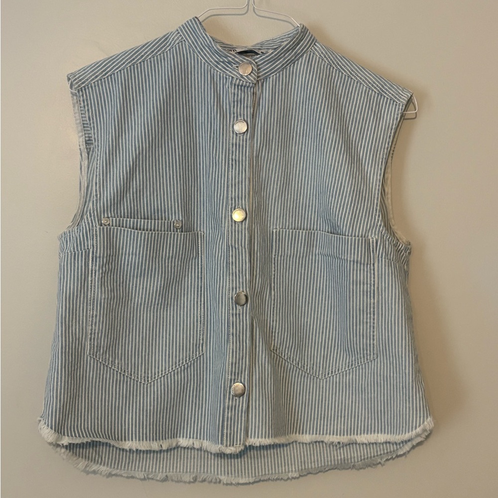 Zara Blue and White Striped Denim Vest